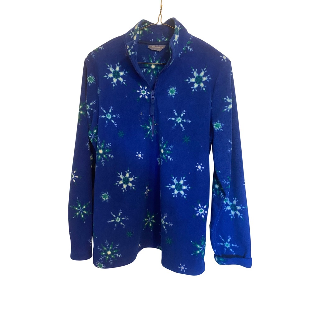 Laura Scott Sweater Womens Medium Blue Snowflake Fleece Quarter Zip Pullover